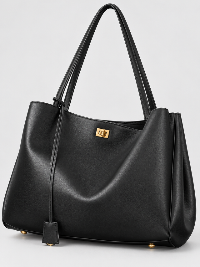 Slouchy Leather Shoulder Tote with Turn-Lock Detail