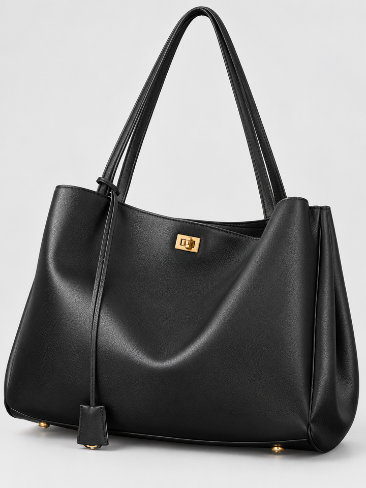 Slouchy Leather Shoulder Tote with Turn-Lock Detail