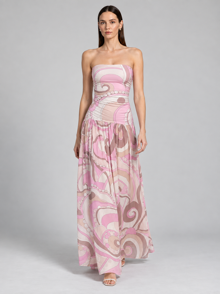 Retro Abstract Swirl Print Strapless Tube Maxi Dress