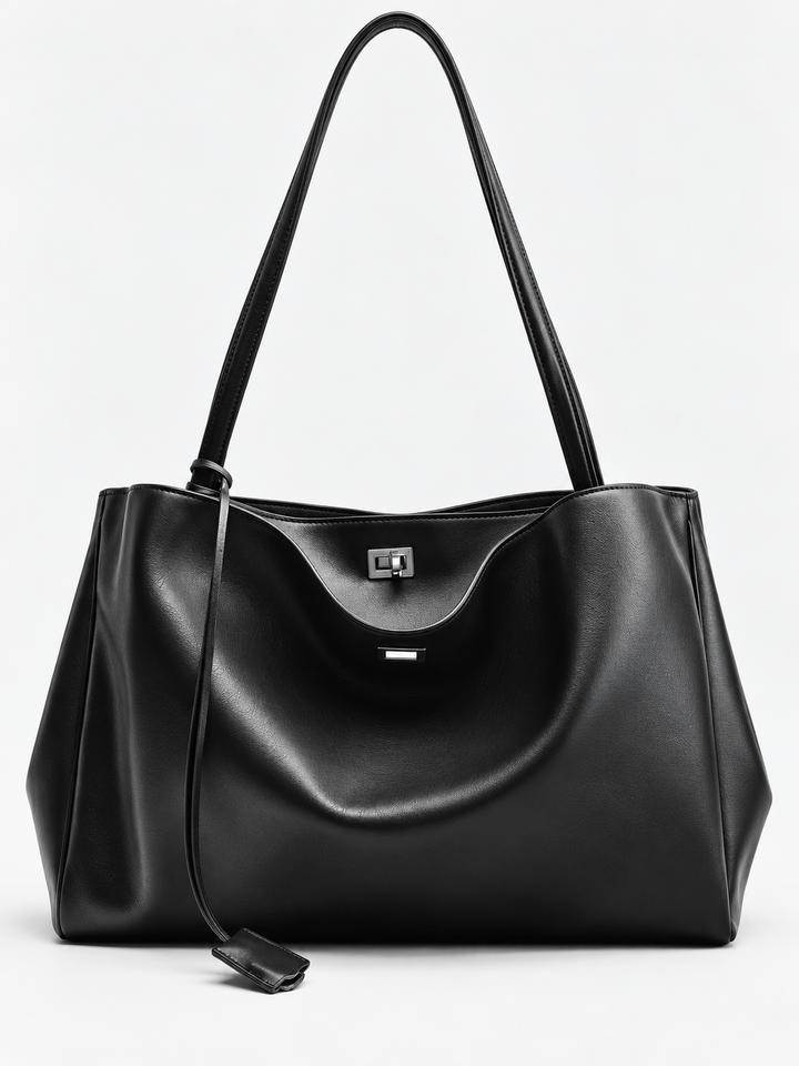 Slouchy Leather Shoulder Tote with Turn-Lock Detail