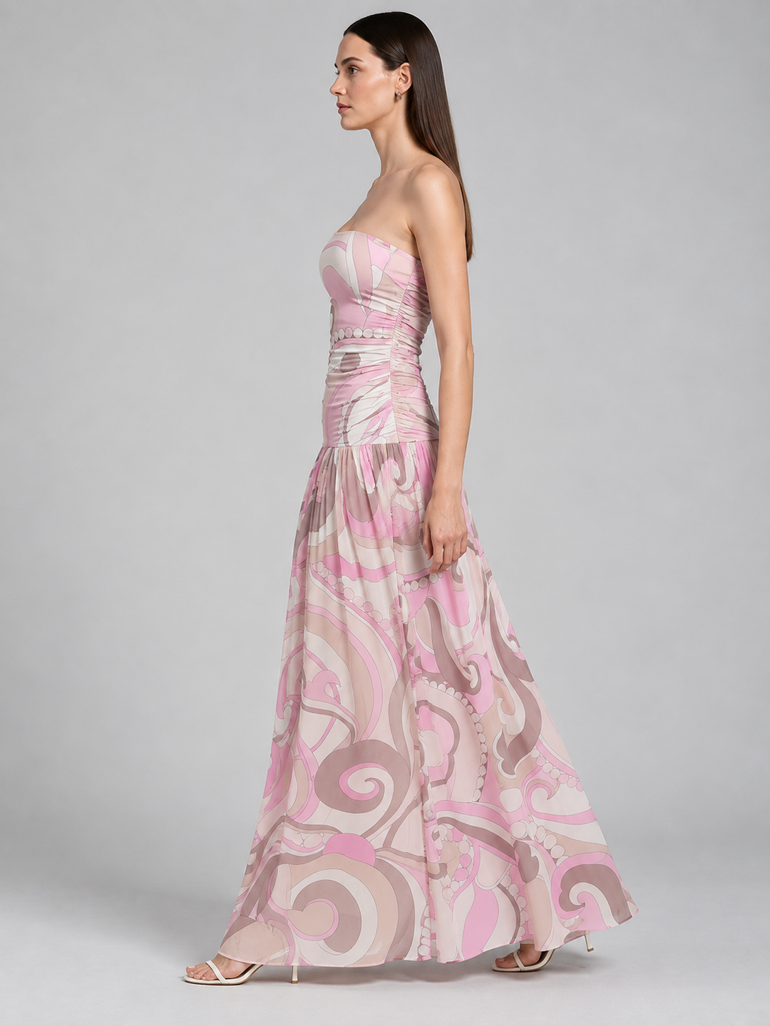 Retro Abstract Swirl Print Strapless Tube Maxi Dress
