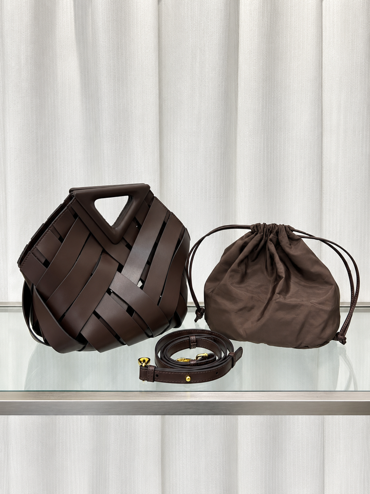 Woven Leather Bucket Bag with Triangle Magnetic Clasp