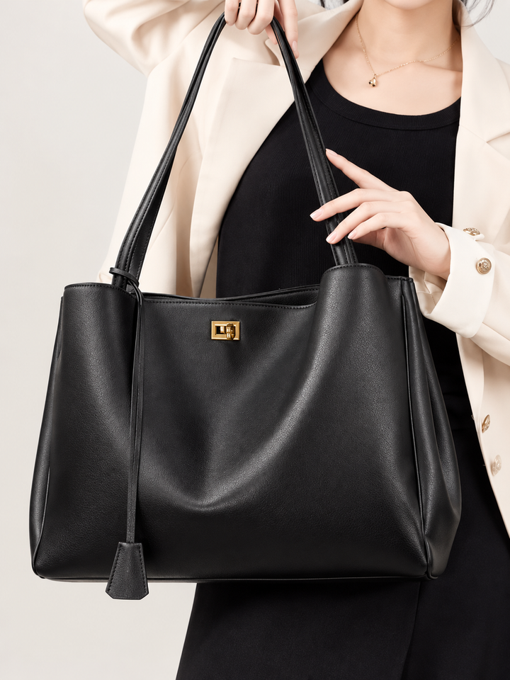 Slouchy Leather Shoulder Tote with Turn-Lock Detail