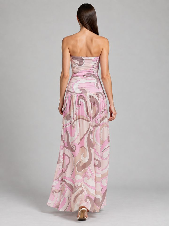 Retro Abstract Swirl Print Strapless Tube Maxi Dress