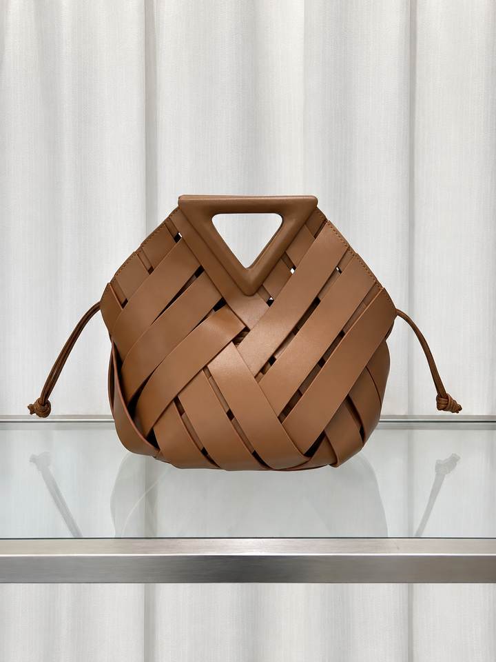 Woven Leather Bucket Bag with Triangle Magnetic Clasp