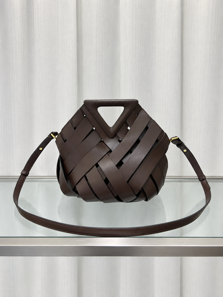 Woven Leather Bucket Bag with Triangle Magnetic Clasp