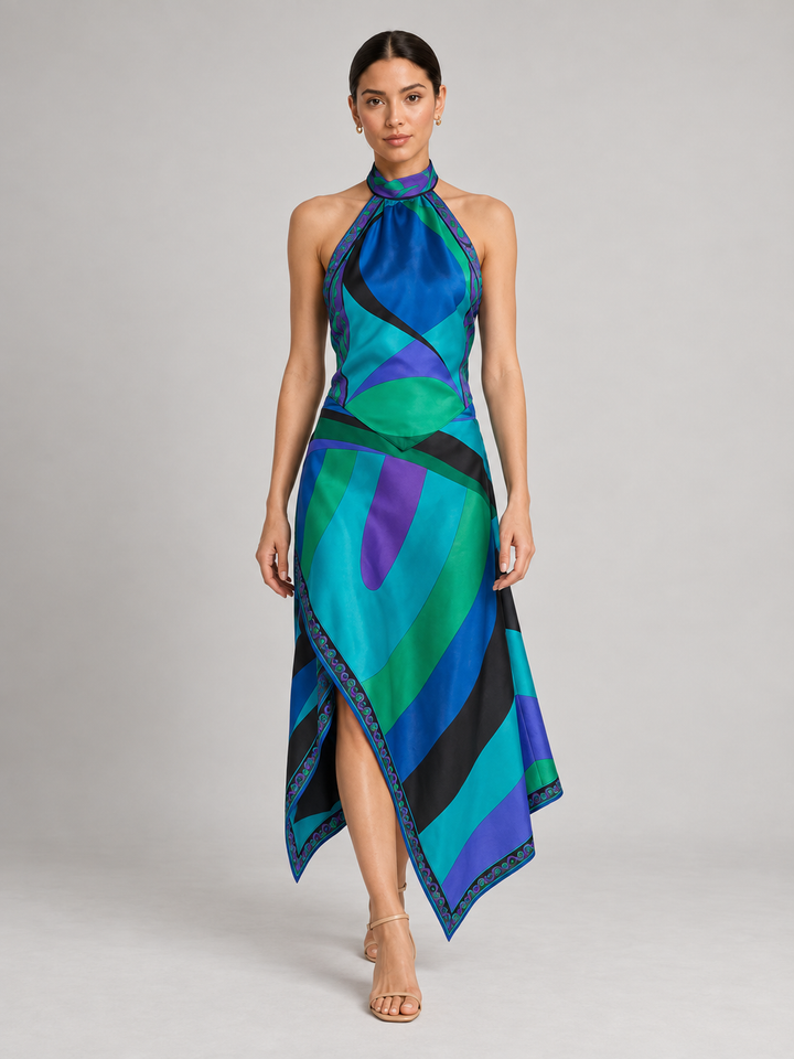 Vibrant Geometric Silk-Touch Two-Piece Halter Top &amp; Asymmetric Midi Skirt Set