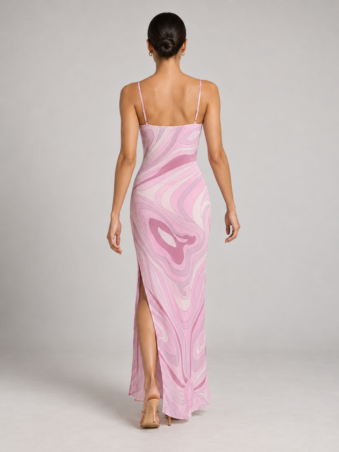 Retro Psychedelic Swirl Print Silk Slip Maxi Dress