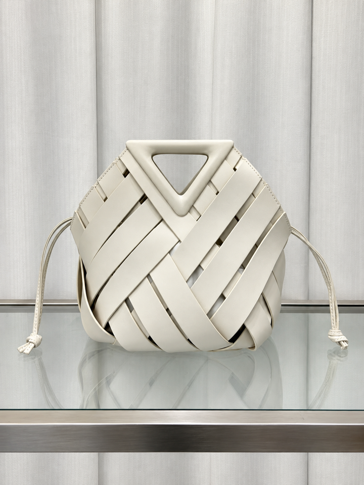 Woven Leather Bucket Bag with Triangle Magnetic Clasp