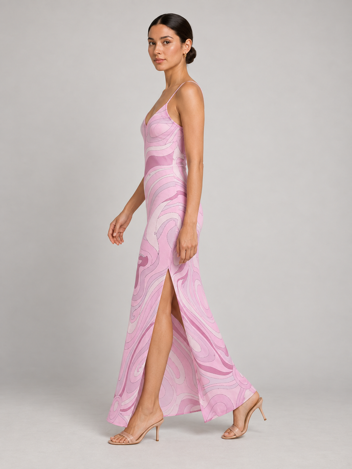 Retro Psychedelic Swirl Print Silk Slip Maxi Dress