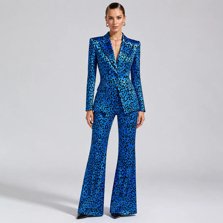Leopard Print Single Button Blazer &amp; Flared Floor Pants 2-Piece Suit Set