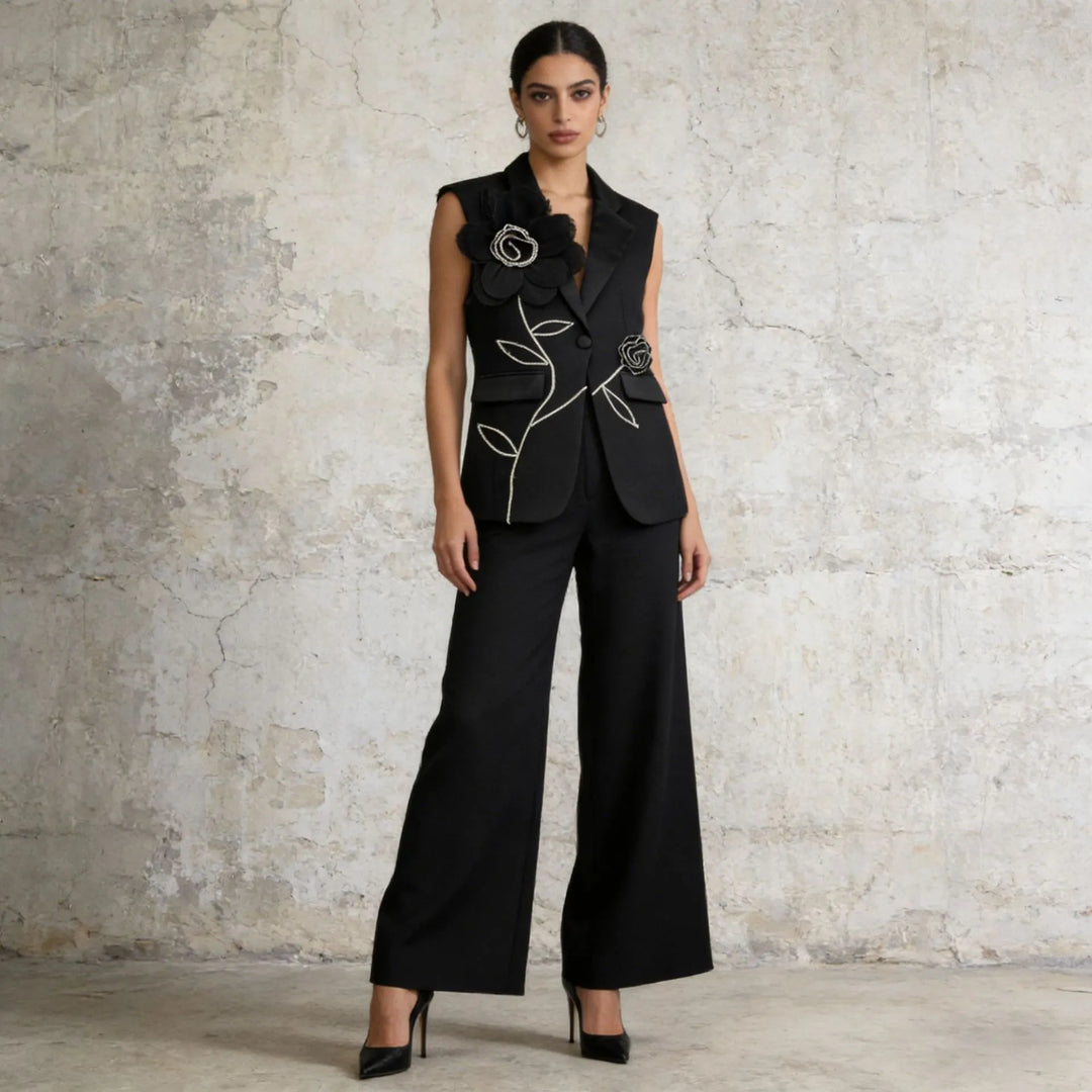 Tailored Sleeveless Blazer Vest &amp; Wide Leg Trousers 2 Piece Floral Embroidery Suit Co-ord
