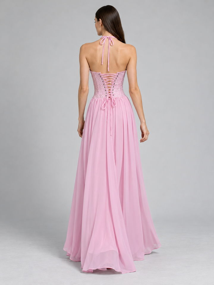 Halter Ruched Bust Lace Corset Drop-Waist Chiffon Gown