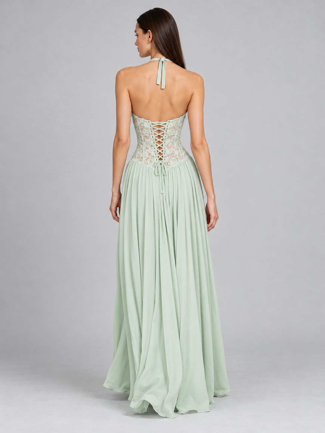 Halter Ruched Bust Lace Corset Drop-Waist Chiffon Gown