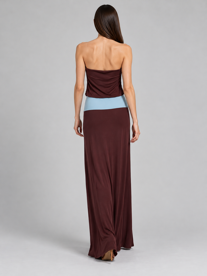 Color-Block Strapless Tube Maxi Dress with Contrast Waistband