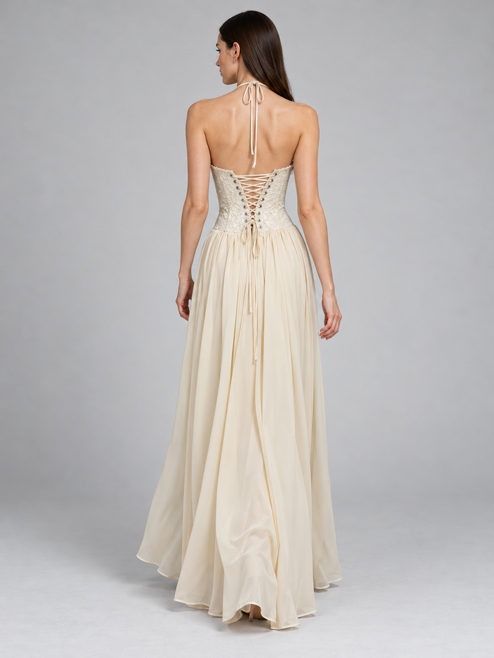 Halter Ruched Bust Lace Corset Drop-Waist Chiffon Gown
