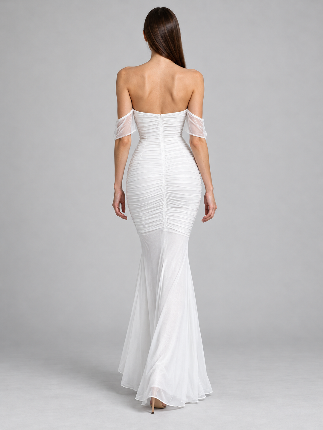 Ruched Mesh Bustier Maxi Gown with Cap Flutter Sleeves