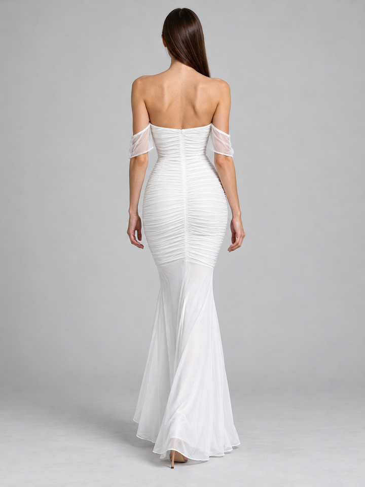 Ruched Mesh Bustier Maxi Gown with Cap Flutter Sleeves