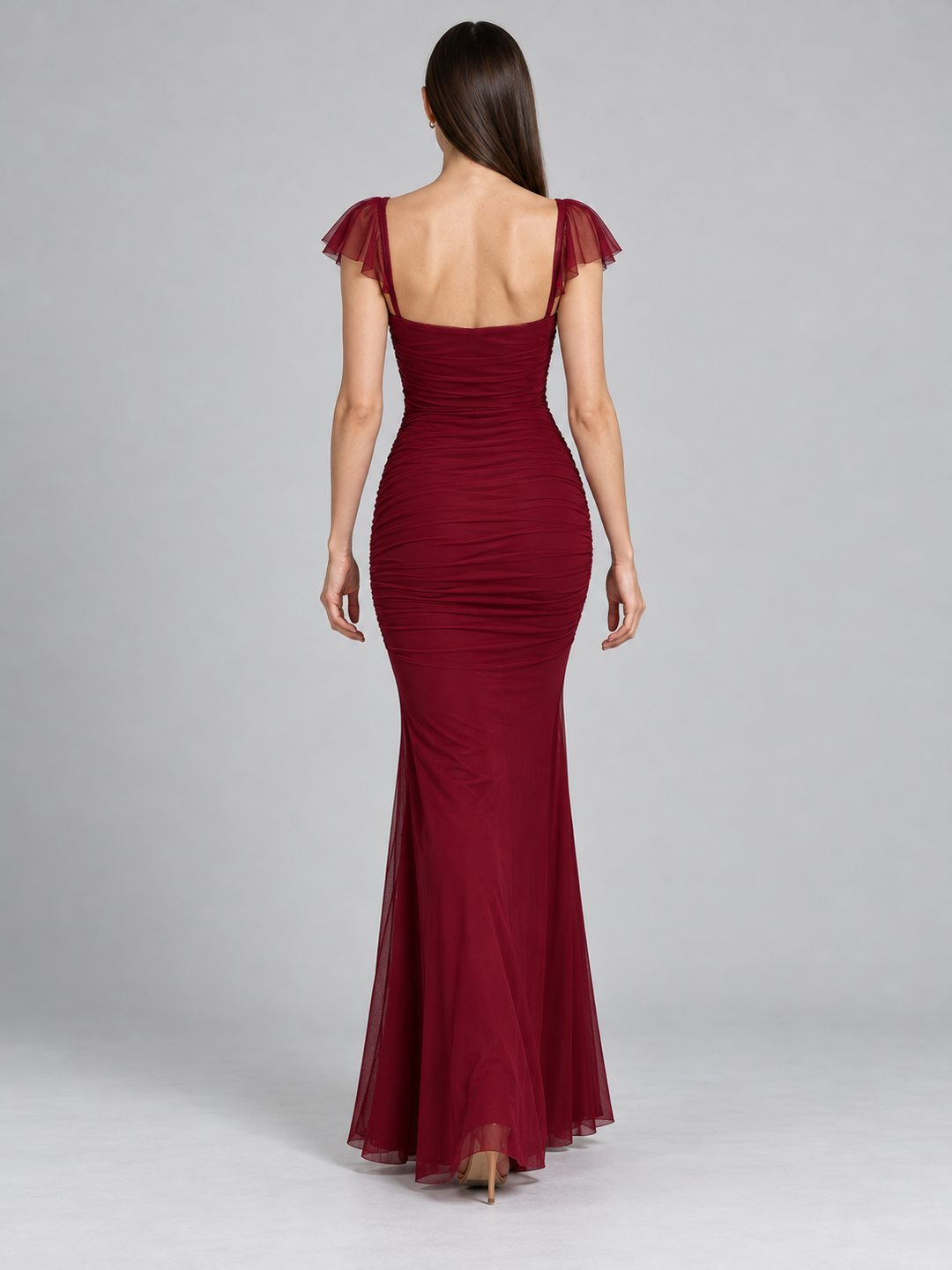 Ruched Mesh Bustier Maxi Gown with Cap Flutter Sleeves