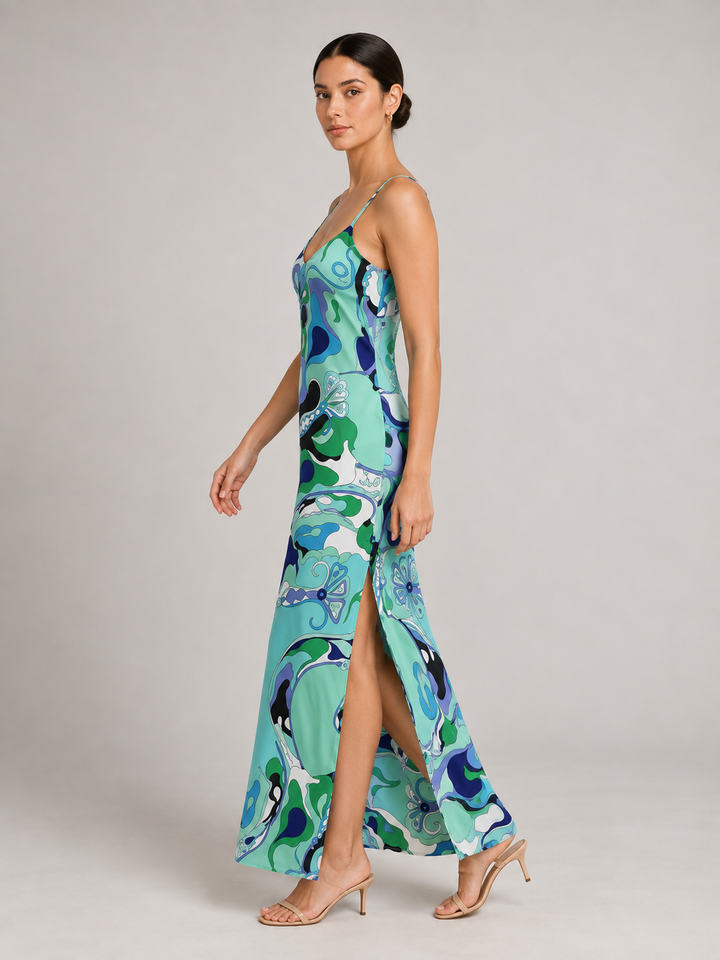 Retro Psychedelic Swirl Print Silk Slip Maxi Dress