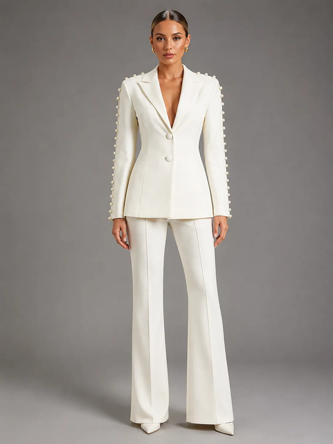Pearl Embellished Peak Lapel Blazer & High Waist Full Flare Suit Trousers 2-Piece Set