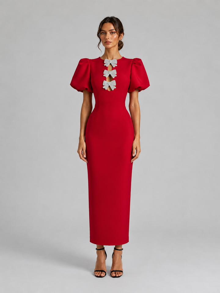 Red Puff Sleeve Floral Embellished Midi Dress