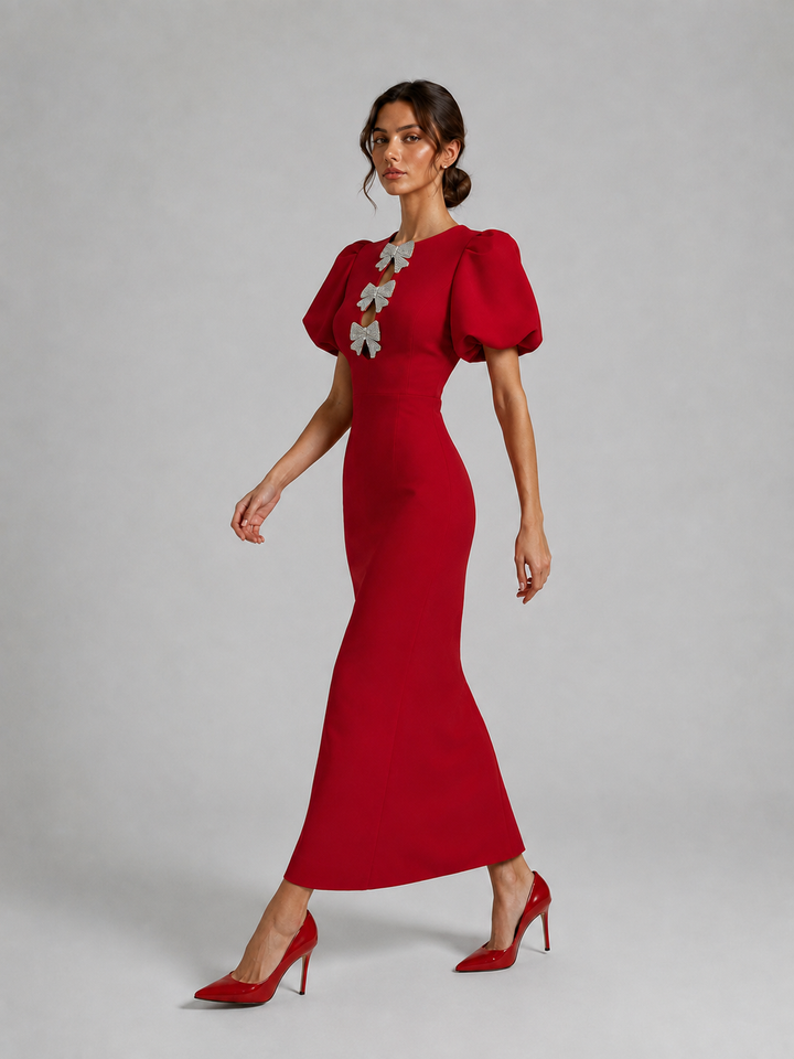 Red Puff Sleeve Floral Embellished Midi Dress