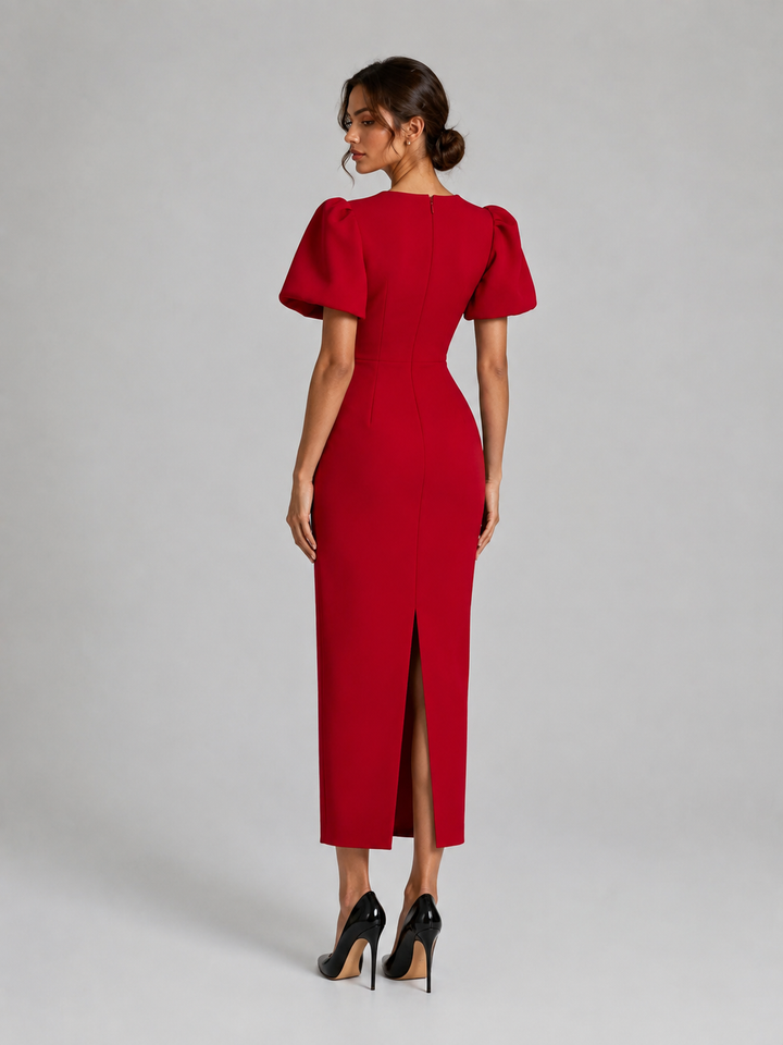 Red Puff Sleeve Floral Embellished Midi Dress