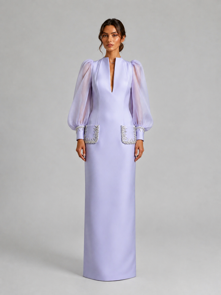 Lavender Sheer Sleeve Embellished Gown