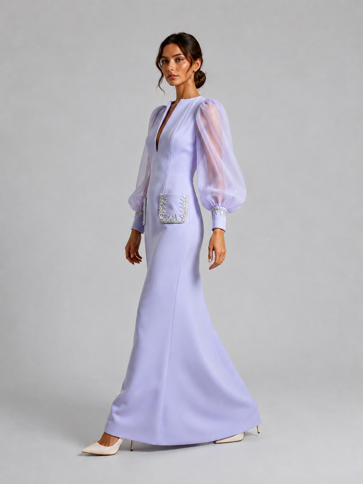 Lavender Sheer Sleeve Embellished Gown