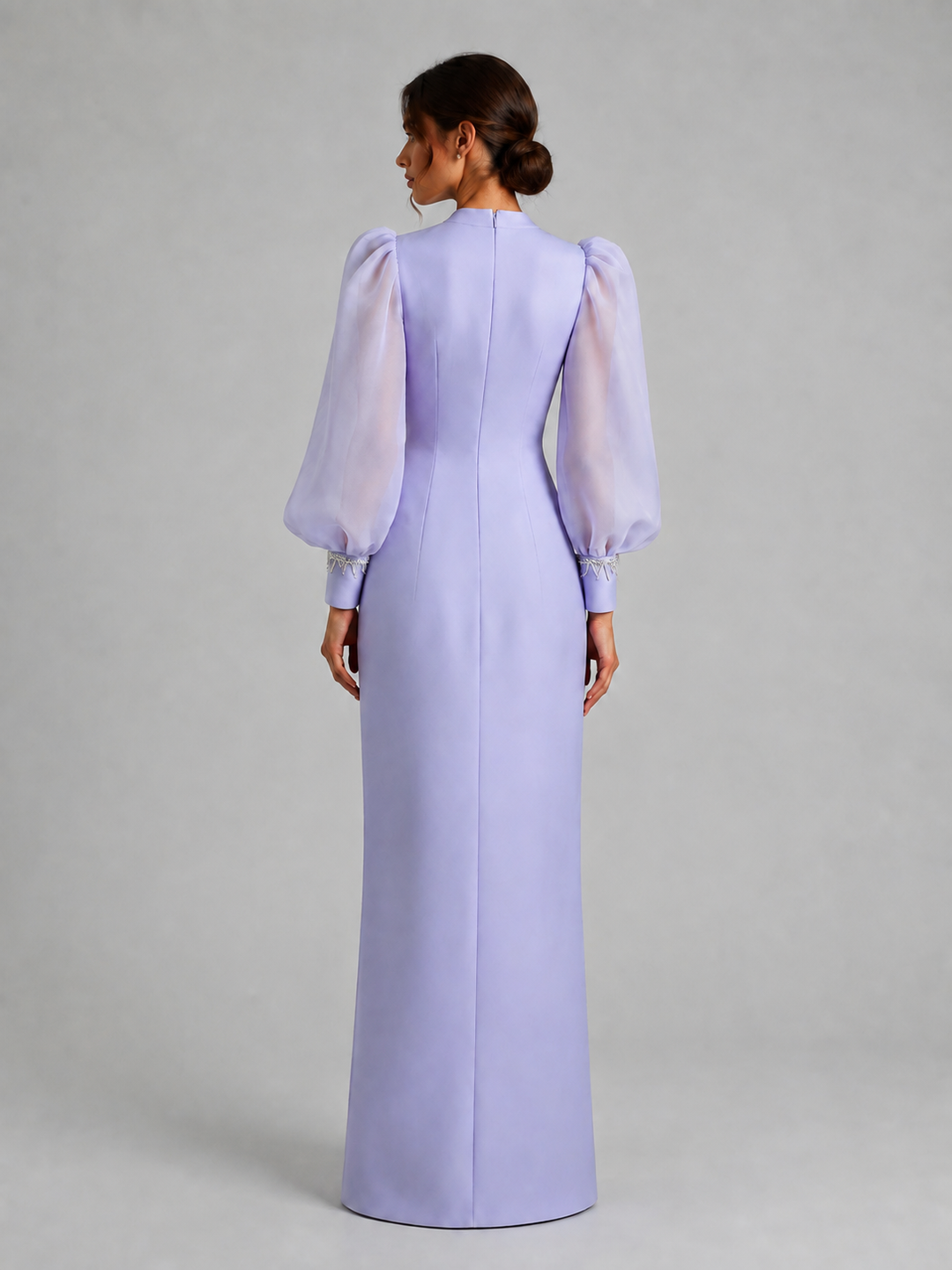 Lavender Sheer Sleeve Embellished Gown