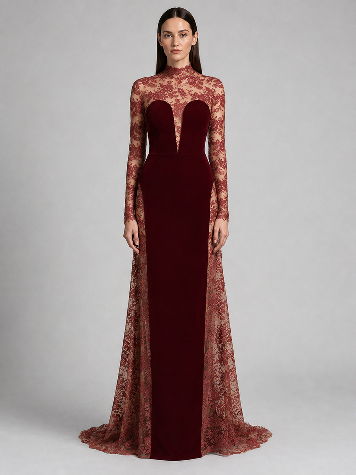 Burgundy Lace Cape Long Sleeve Gown