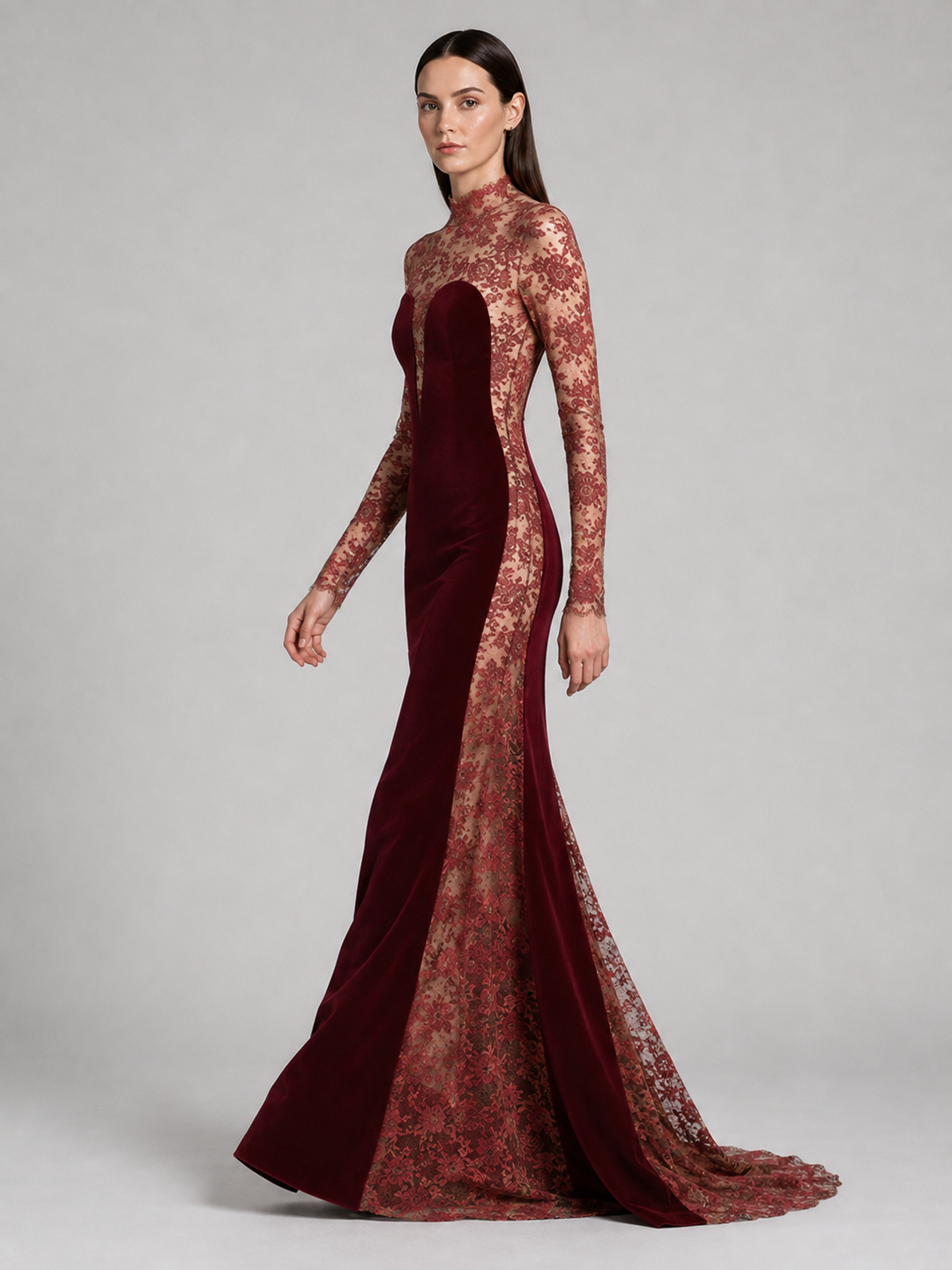 Burgundy Lace Cape Long Sleeve Gown