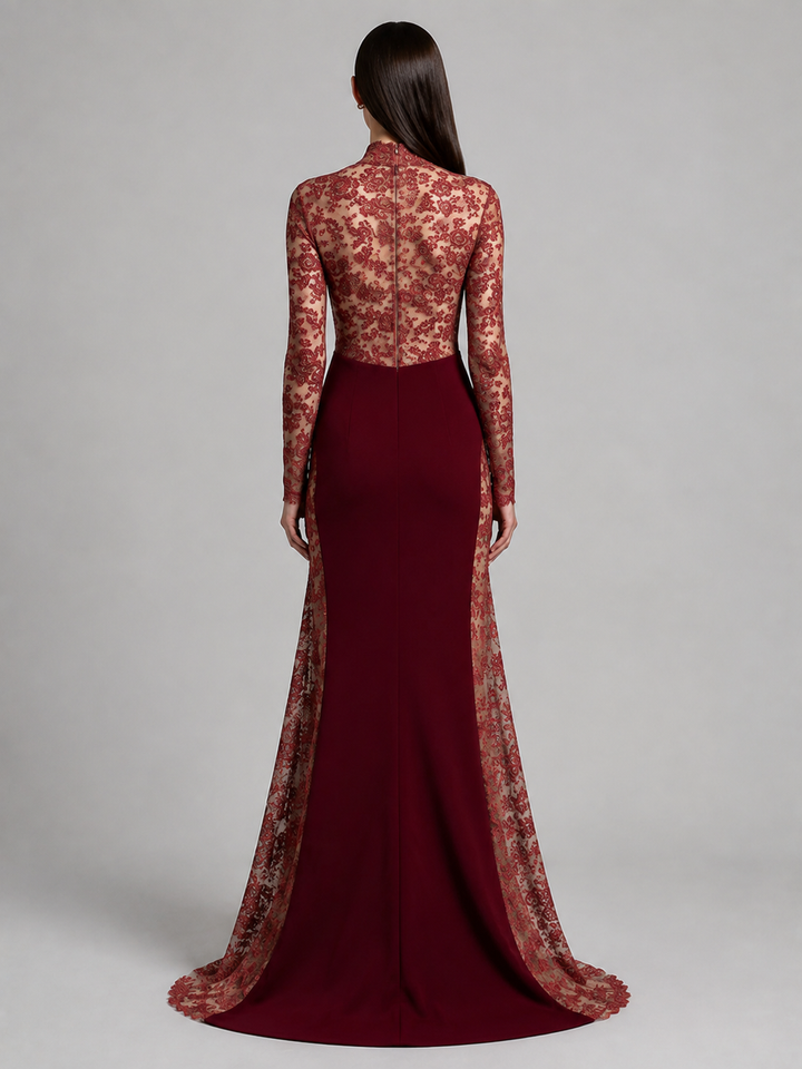 Burgundy Lace Cape Long Sleeve Gown