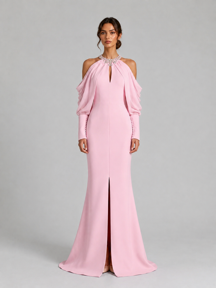Pink Cold Shoulder Halter Slit Gown