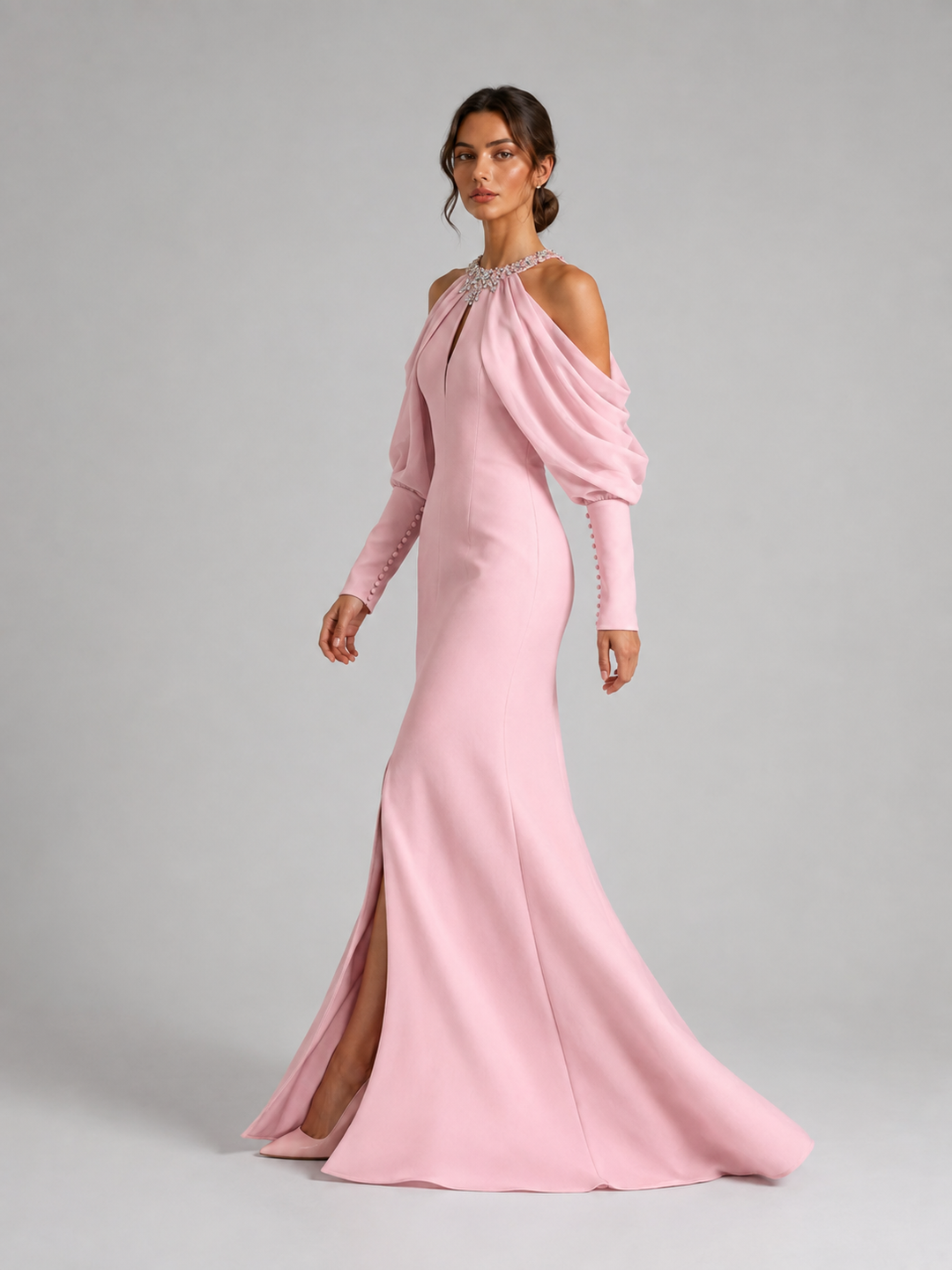 Pink Cold Shoulder Halter Slit Gown