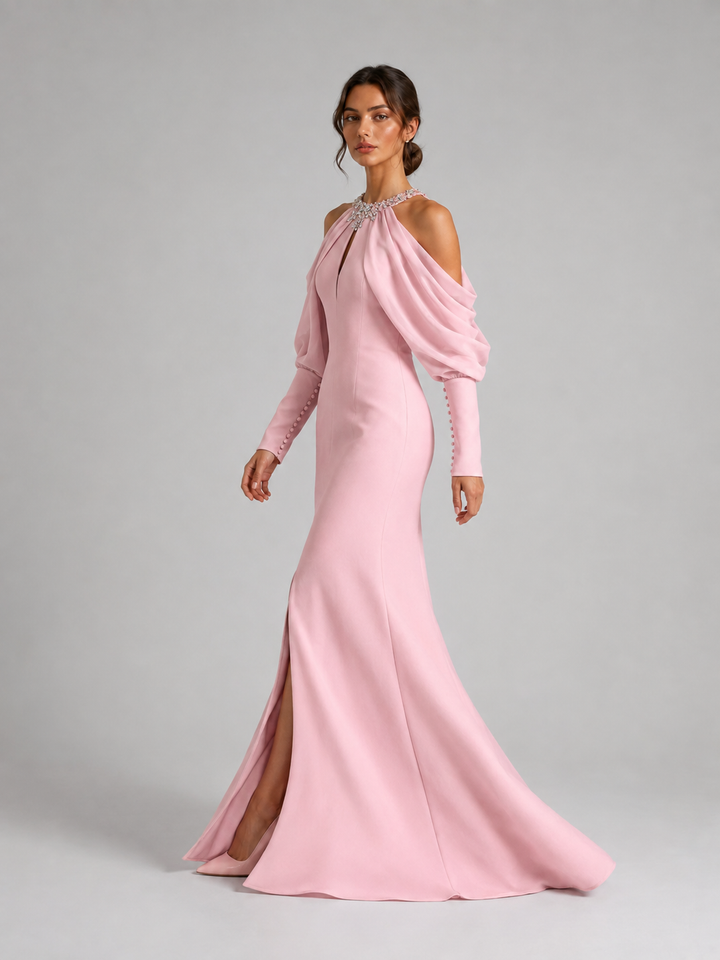Pink Cold Shoulder Halter Slit Gown