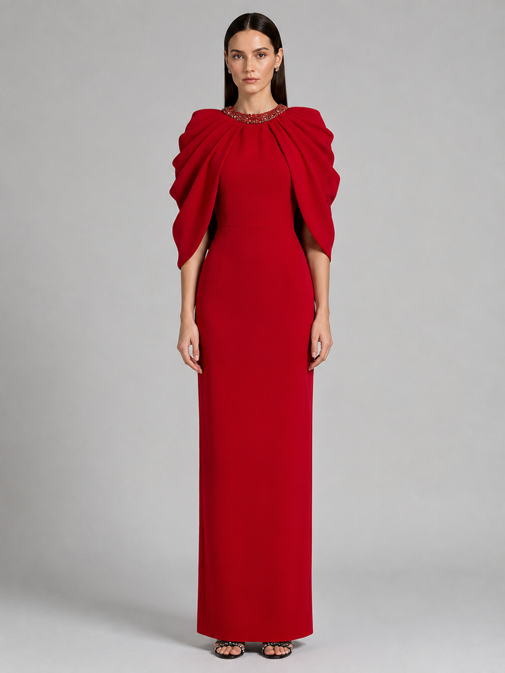 Red Sculptural Ruffle Sleeve Gown