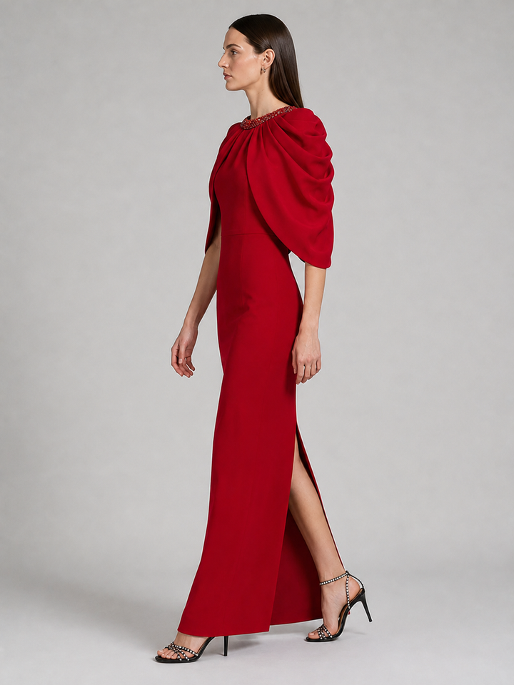 Red Sculptural Ruffle Sleeve Gown