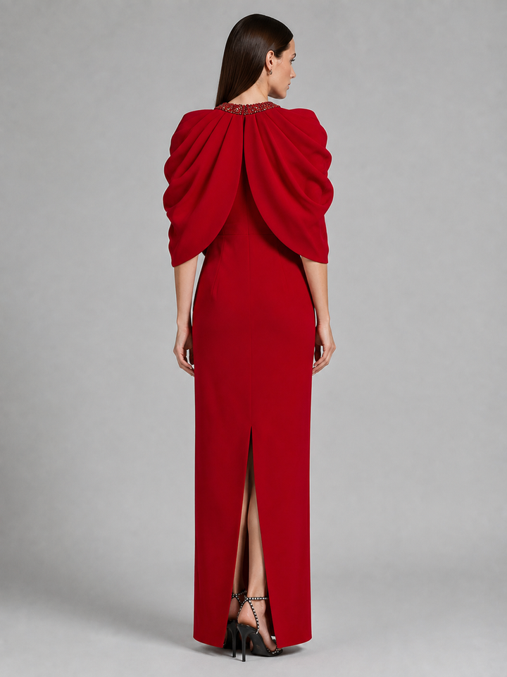 Red Sculptural Ruffle Sleeve Gown