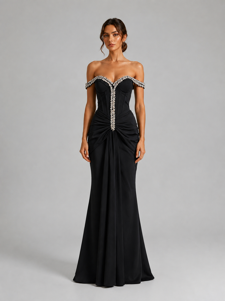 Black Off Shoulder Embellished Draped Gown