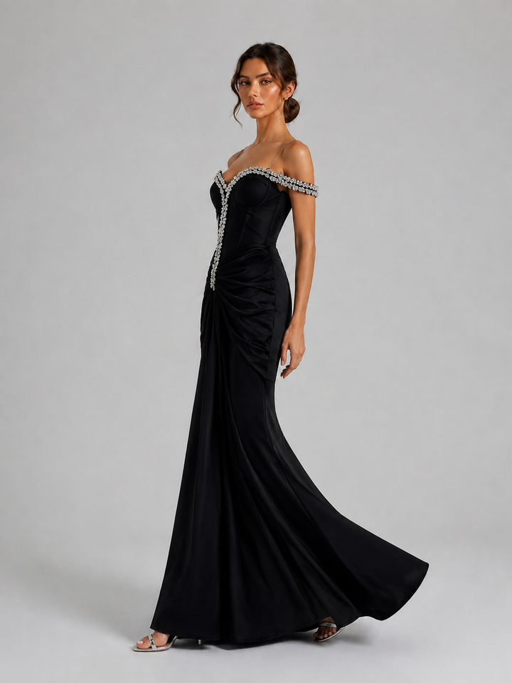 Black Off Shoulder Embellished Draped Gown