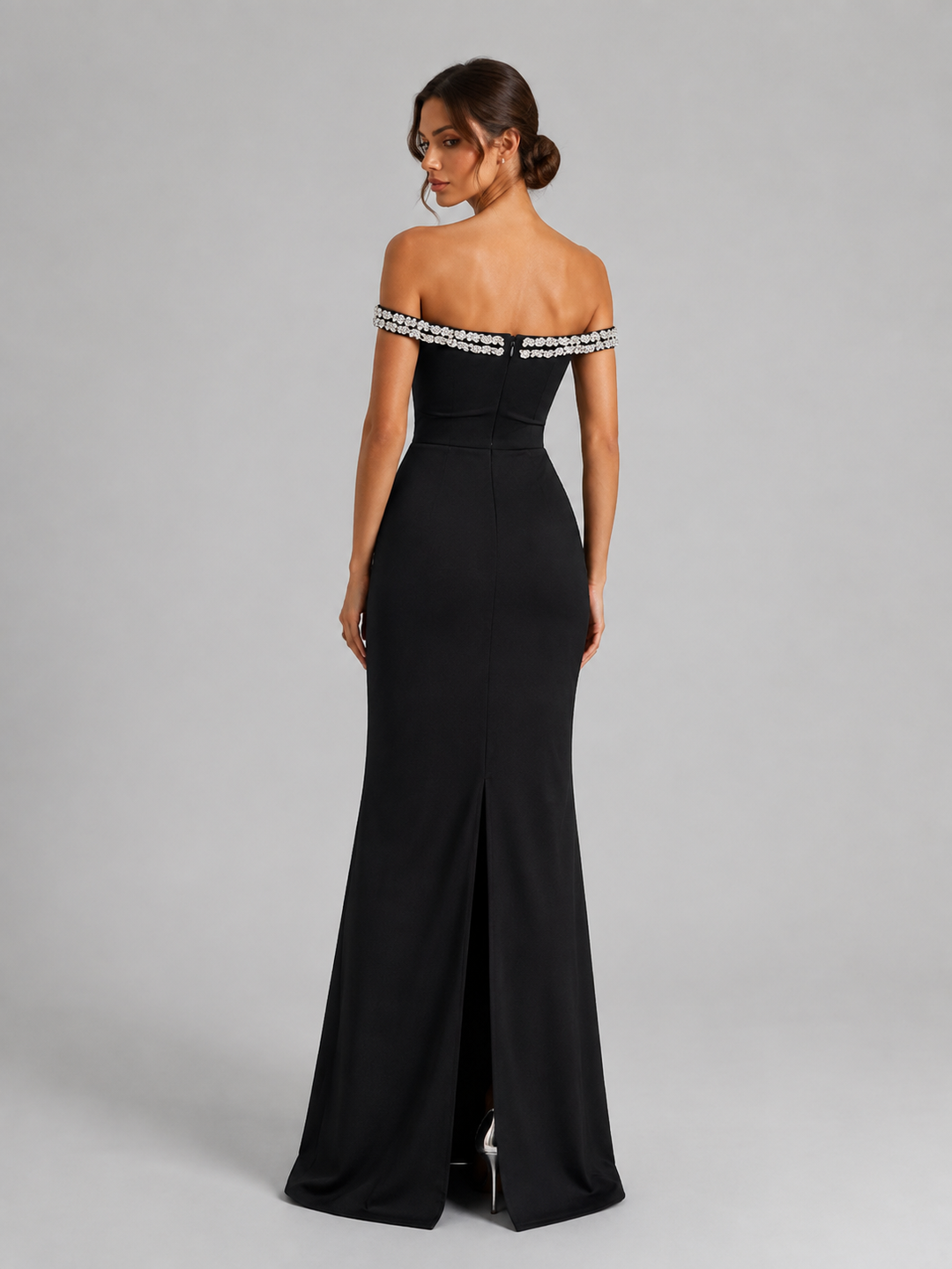 Black Off Shoulder Embellished Draped Gown