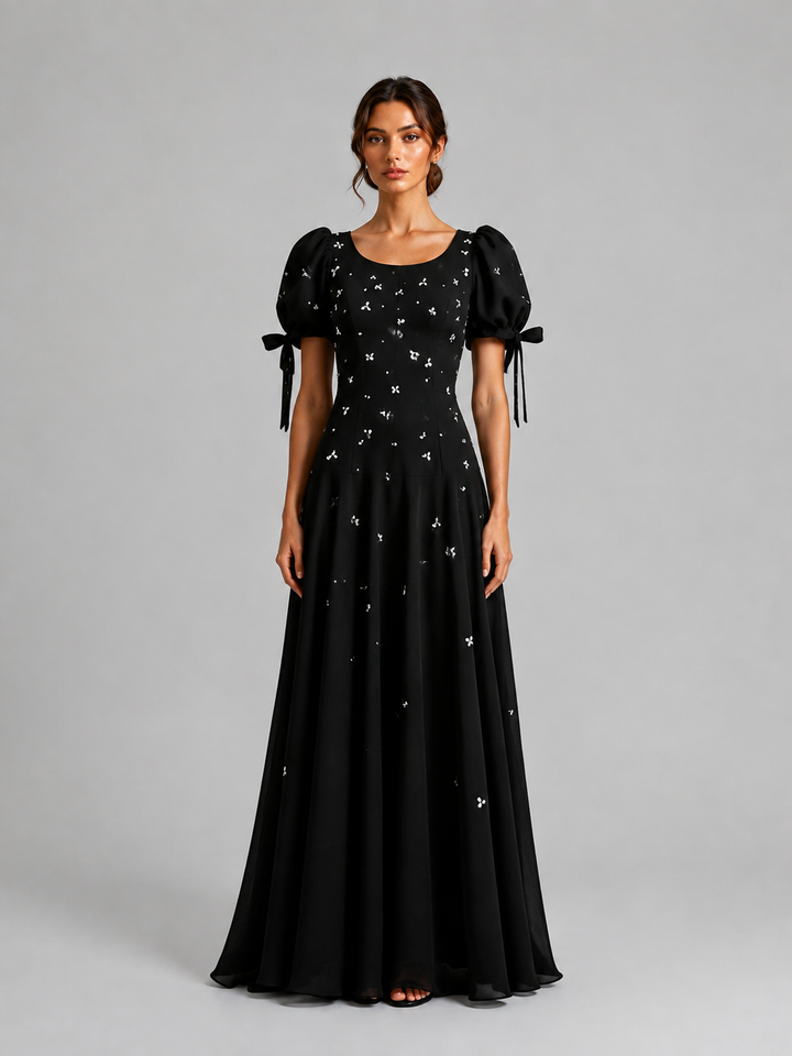 Black Puff Sleeve Sparkle A-Line Gown