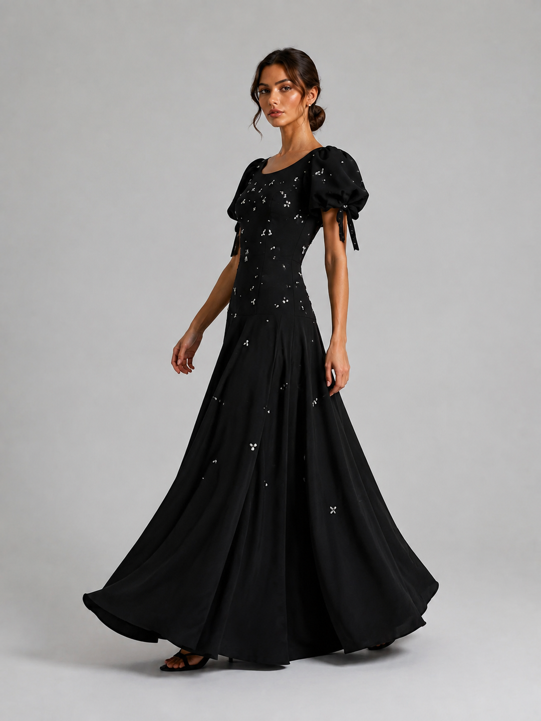 Black Puff Sleeve Sparkle A-Line Gown