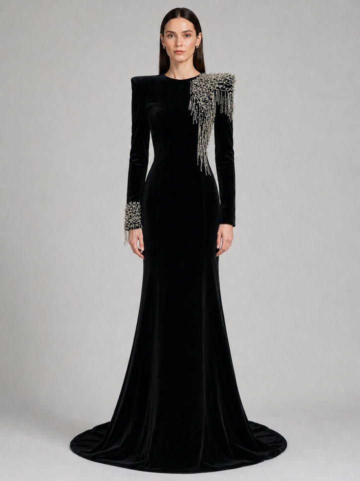 Black Long Sleeve Statement Shoulder Gown