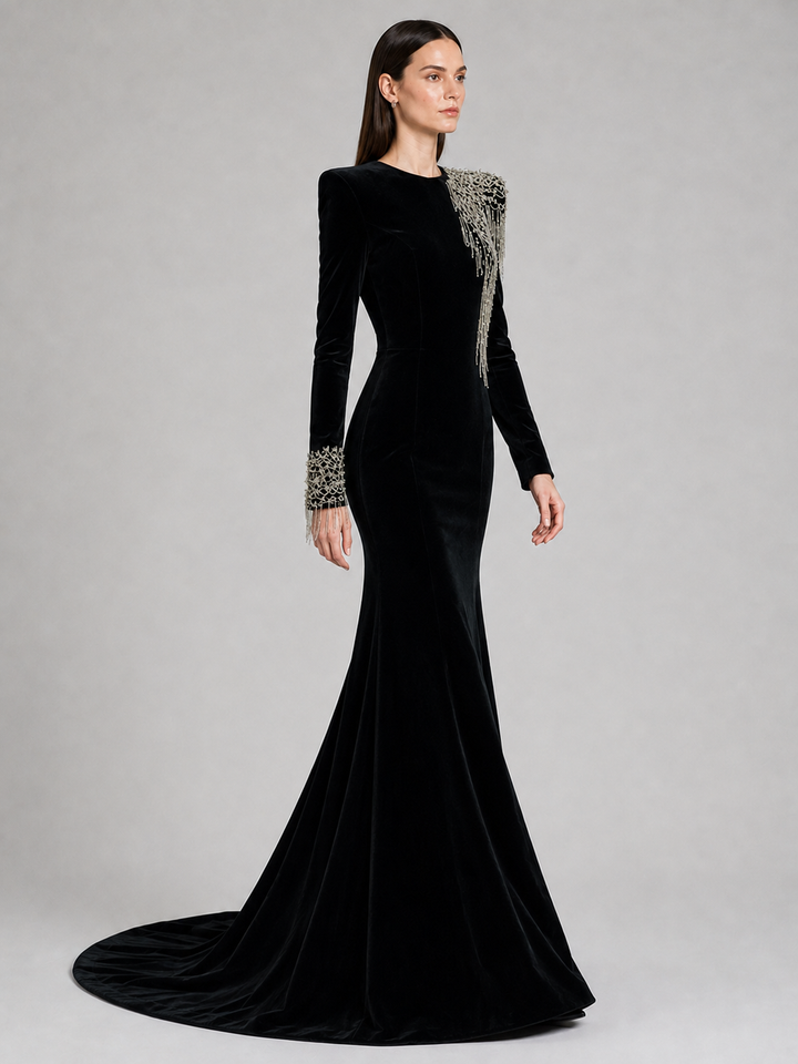 Black Long Sleeve Statement Shoulder Gown