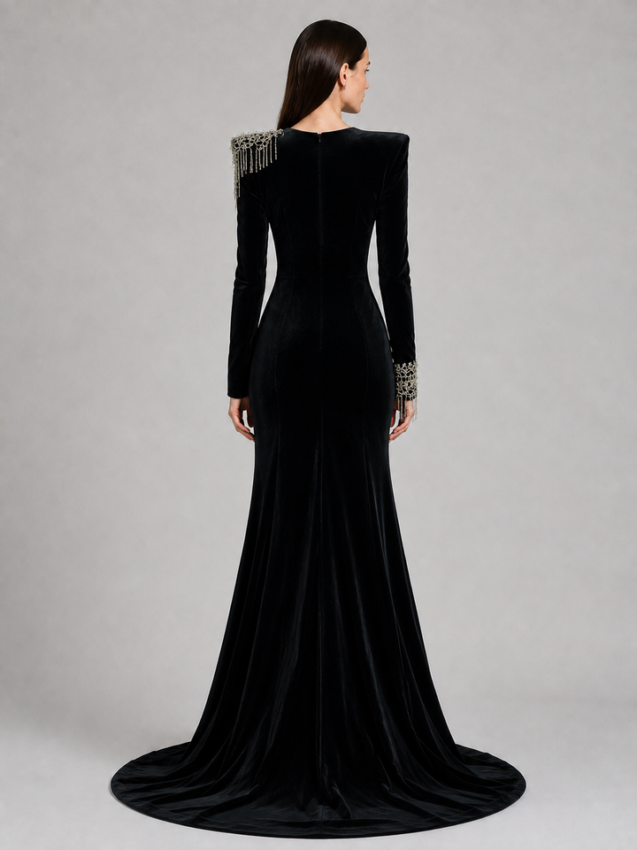 Black Long Sleeve Statement Shoulder Gown