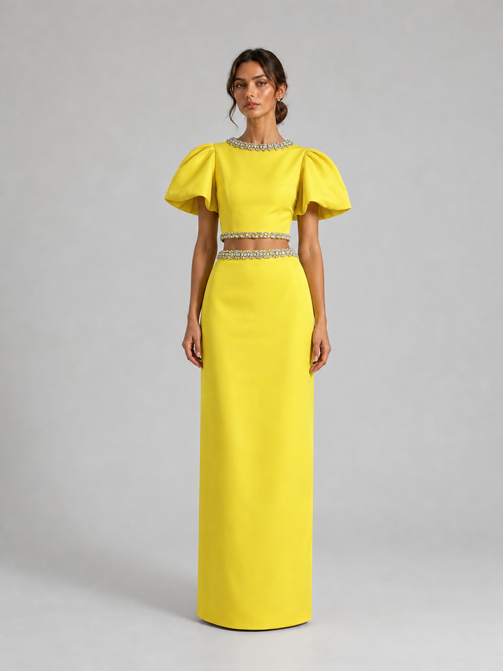 Yellow Puff Sleeve Embellished Waist Gown