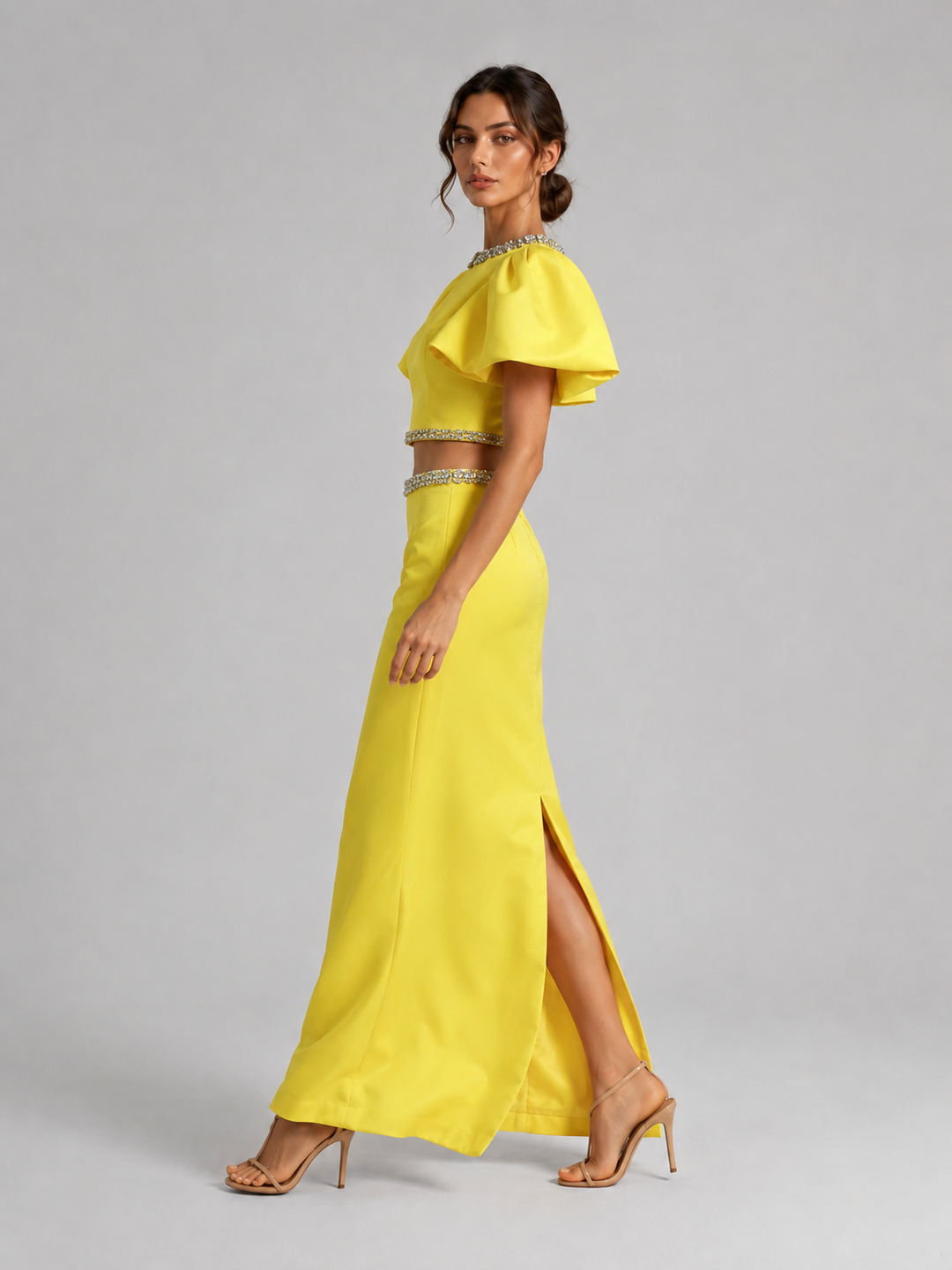 Yellow Puff Sleeve Embellished Waist Gown